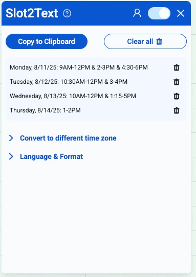 Converted time slots ready to copy